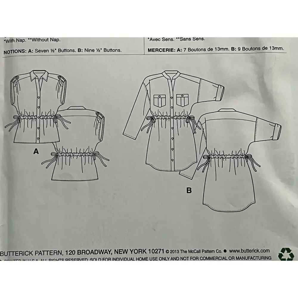 Butterick 5874 pattern top tunic size XS S M L XL XXL